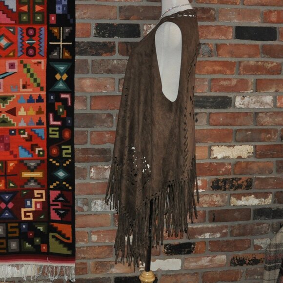 Brown Boho Faux Suede Laser Cut Hippie Fringe Vest Waistcoat Festival Unisex O/S - Picture 4 of 9